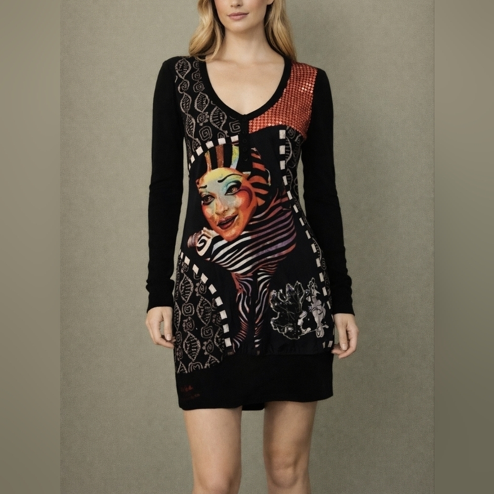DESIGUAL Cirque Du Soleil Artsy Sequin Long Sleeve Mini Bodycon Dress